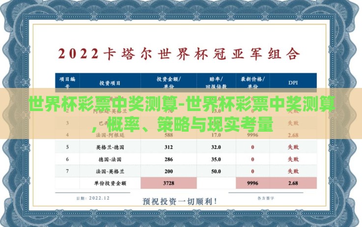 世界杯彩票中奖测算-世界杯彩票中奖测算,概率、策略与现实考量 世界杯彩票中奖测算-世界杯彩票中奖测算,概率、策略与现实考量