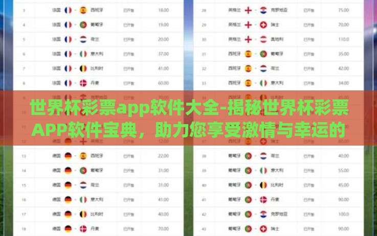世界杯彩票app软件大全-揭秘世界杯彩票APP软件宝典,助力您享受激情与幸运的融合 世界杯彩票app软件大全-揭秘世界杯彩票APP软件宝典,助力您享受激情与幸运的融合