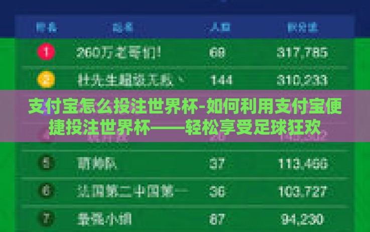支付宝怎么投注世界杯-如何利用支付宝便捷投注世界杯——轻松享受足球狂欢 支付宝怎么投注世界杯-如何利用支付宝便捷投注世界杯——轻松享受足球狂欢