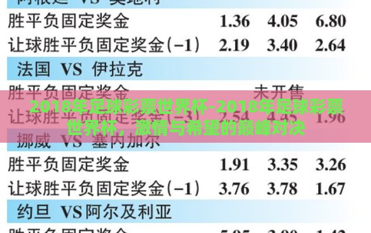 2018年足球彩票世界杯-2018年足球彩票世界杯,激情与希望的巅峰对决 2018年足球彩票世界杯-2018年足球彩票世界杯,激情与希望的巅峰对决