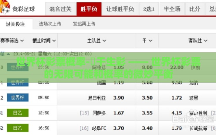 世界杯彩票概率-脠干生彩 —— 世界杯彩票的无限可能和概率的微妙平衡 世界杯彩票概率-脠干生彩 —— 世界杯彩票的无限可能和概率的微妙平衡